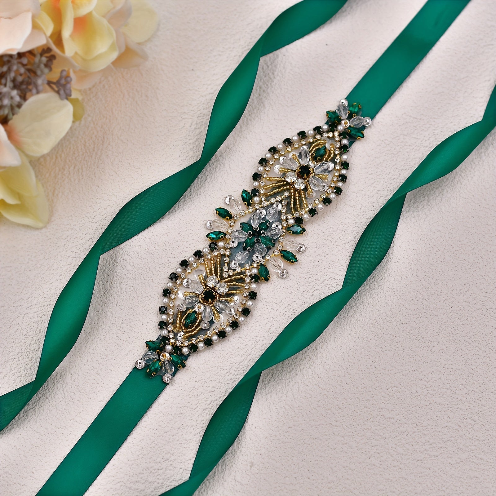 Vintage Rhinestone Waist Belt Sparkling Crystals Green Ribbon Bridal Sash