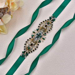 Vintage Rhinestone Waist Belt Sparkling Crystals Green Ribbon Bridal Sash