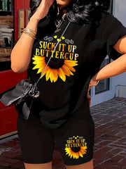 Sunflower & Slogan Print Tee & Shorts Set