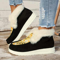 Sunflower Print Furry Snow Boots Plush Lined Warm Loafers