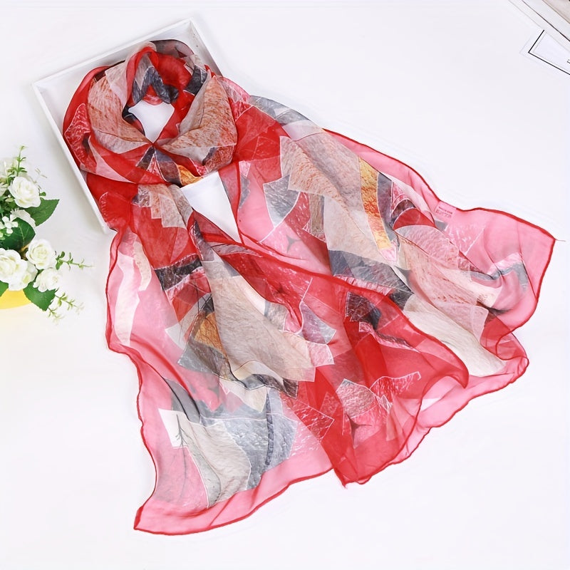 Chiffon Scarf Leaf Print Geometric Block Shawl Vintage Head Wrap