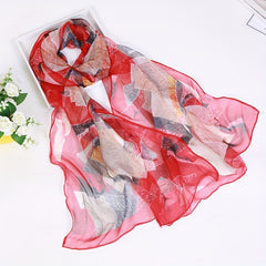 Chiffon Scarf Leaf Print Geometric Block Shawl Vintage Head Wrap