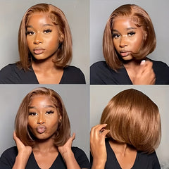 High Density Brown Short Straight Bob Cut Lace Front Human Hair Wig