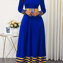 Colorblock Stripe Print Long Sleeve A line Maxi Dress