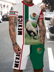 Mexico Eagle Pattern Men's 2 Piece Short Sleeve T-shirt & Shorts Set
