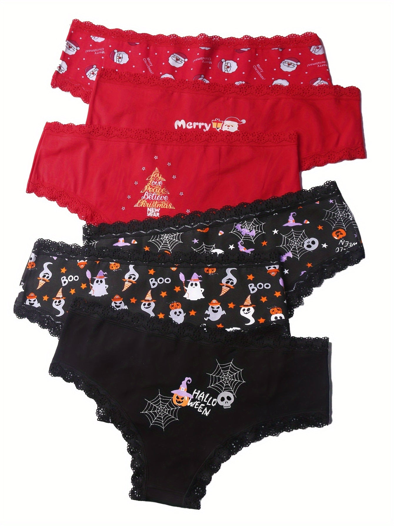 6 Pack Plus Size Christmas & Halloween Cartoon Print Lace Trim Briefs Set