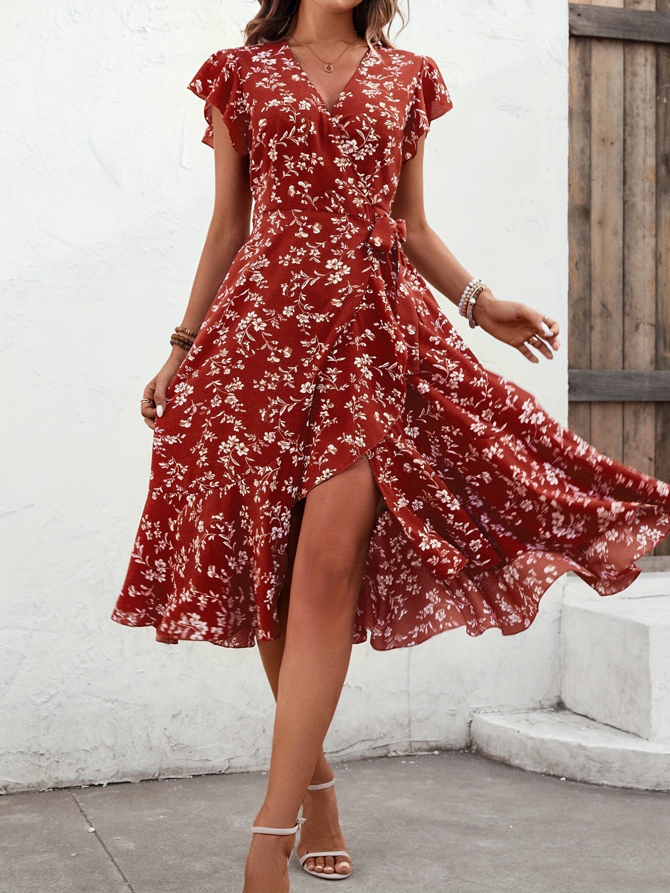 Floral Print V Neck Slim Dress Casual for Spring & Fall