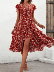 Floral Print V Neck Slim Dress Casual for Spring & Fall