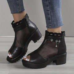 Women's Rhinestone Mesh Block Heel Boots