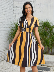 Striped Shirred Waist Dress V Neck Short Sleeve Women's Clothing