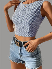 Plaid Crop Tank Top Backless Tied Tank Top