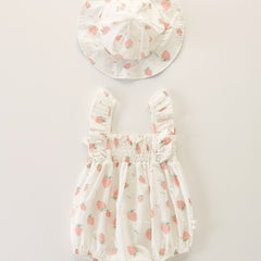 2pcs Baby Girls Floral Strawberry Print Onesie & Hat Set