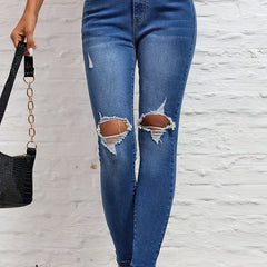 Ripped Knee Cut Skinny Jeans High Rise Distressed Denim Pants