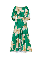 Boho Floral Flared Long Dress Lantern Sleeve Tie Waist Summer Dress