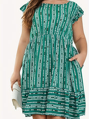Geometric Print Ruffle Sleeve Smock Dress