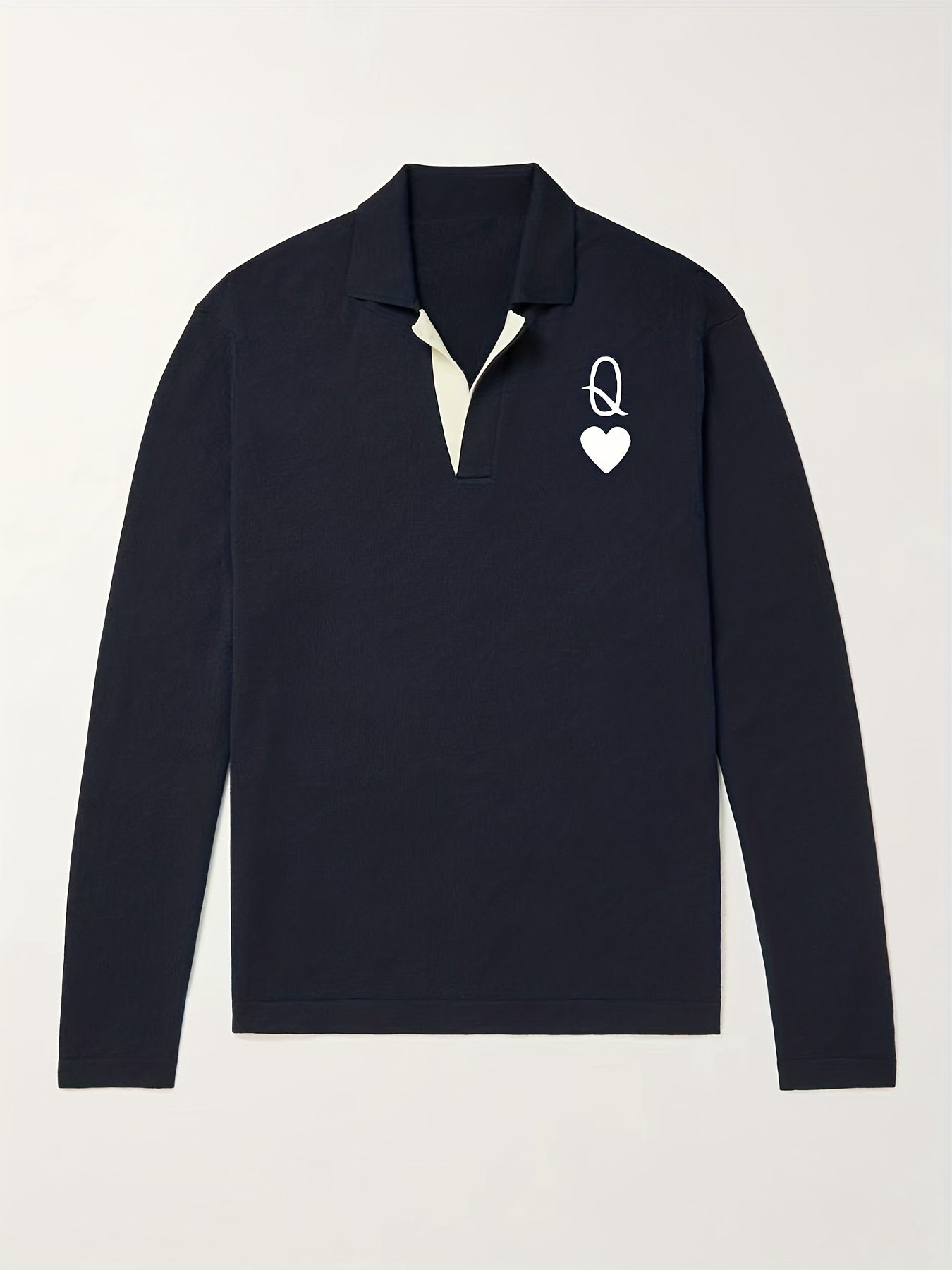 Heart Pattern Knit Polo Shirt Men's Stretch V Neck Sweater