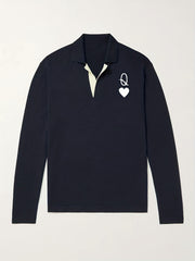Heart Pattern Knit Polo Shirt Men's Stretch V Neck Sweater