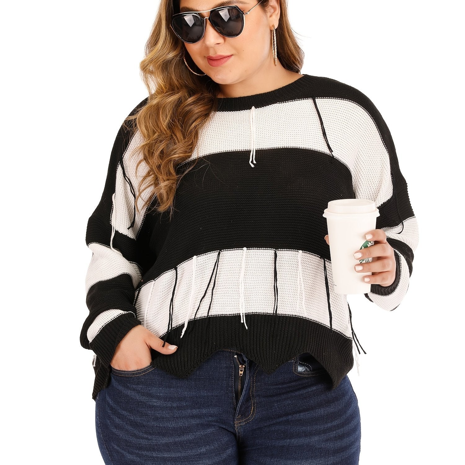 Colorblock Fringe Trim Sweater Loose Fit Women's Plus Casual