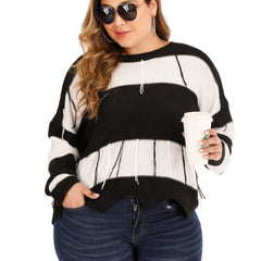 Colorblock Fringe Trim Sweater Loose Fit Women's Plus Casual