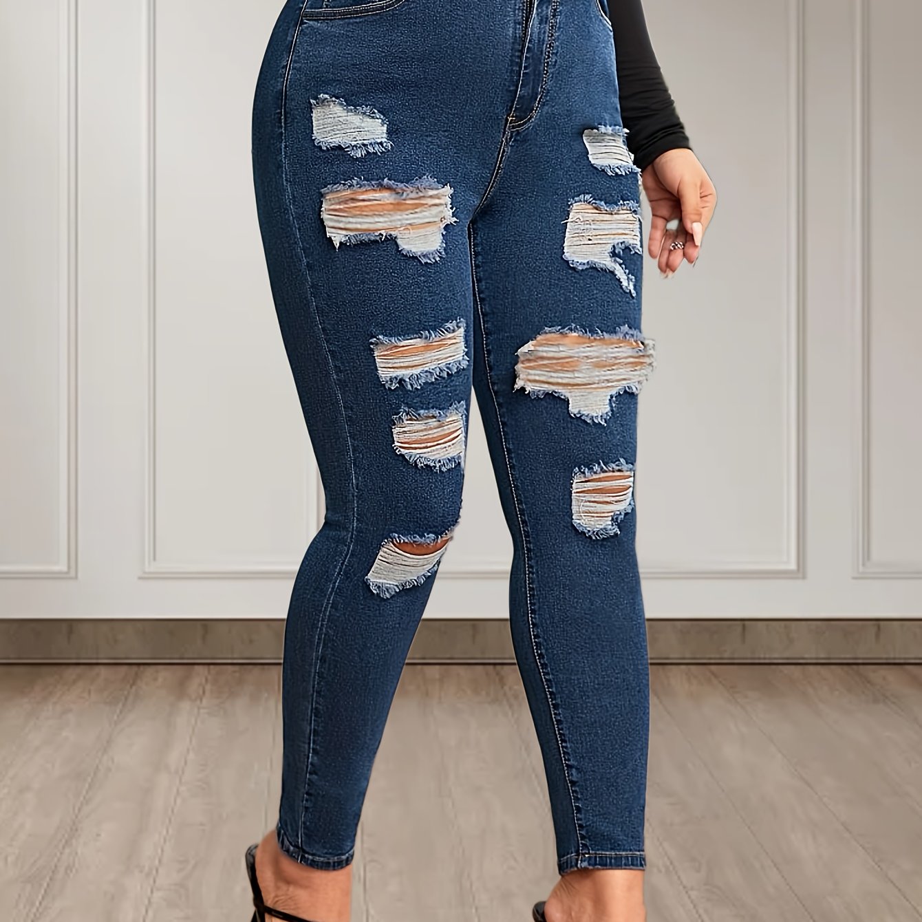 Solid Ripped High Rise Stretch Jeans