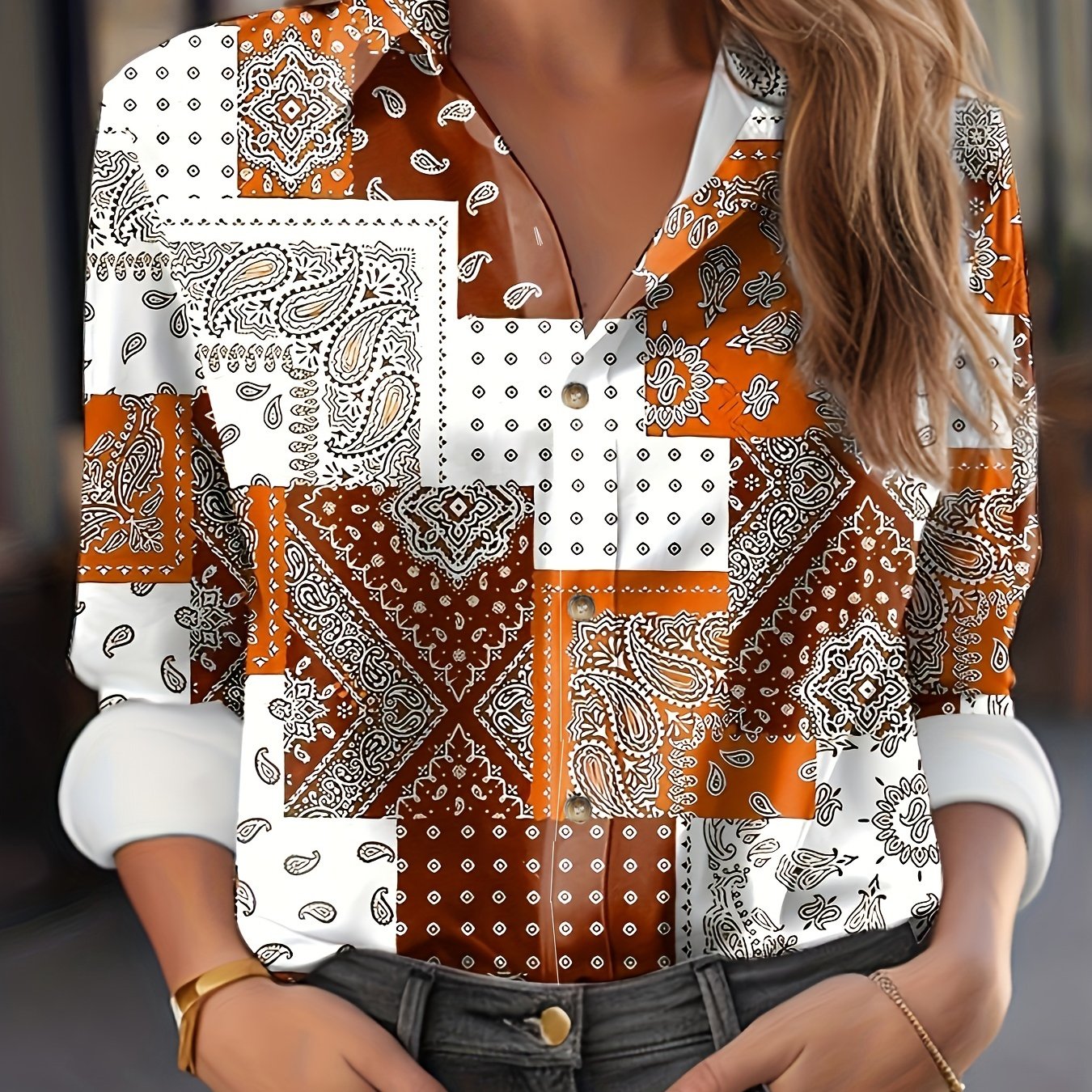 Women's Plus Size Scarf Print Button Up Boho Blouse