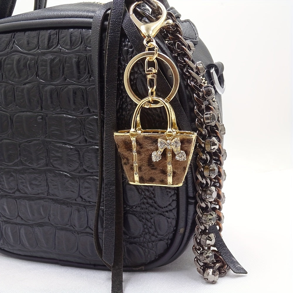 Leopard Bag Keychain Rhinestone Key Ring Purse Accessory