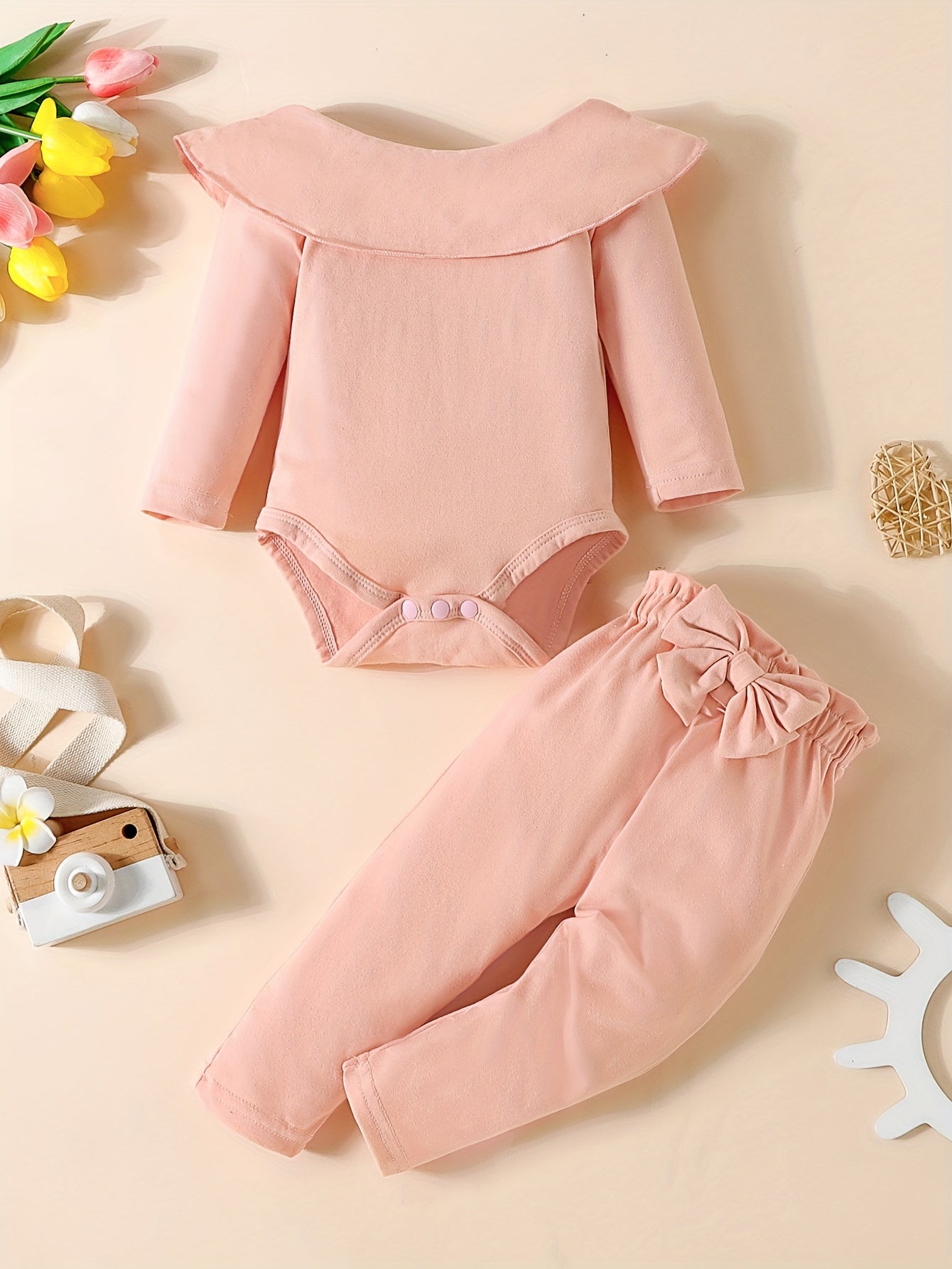 Baby Girls Ruffled Romper Bowknot Trouser Set