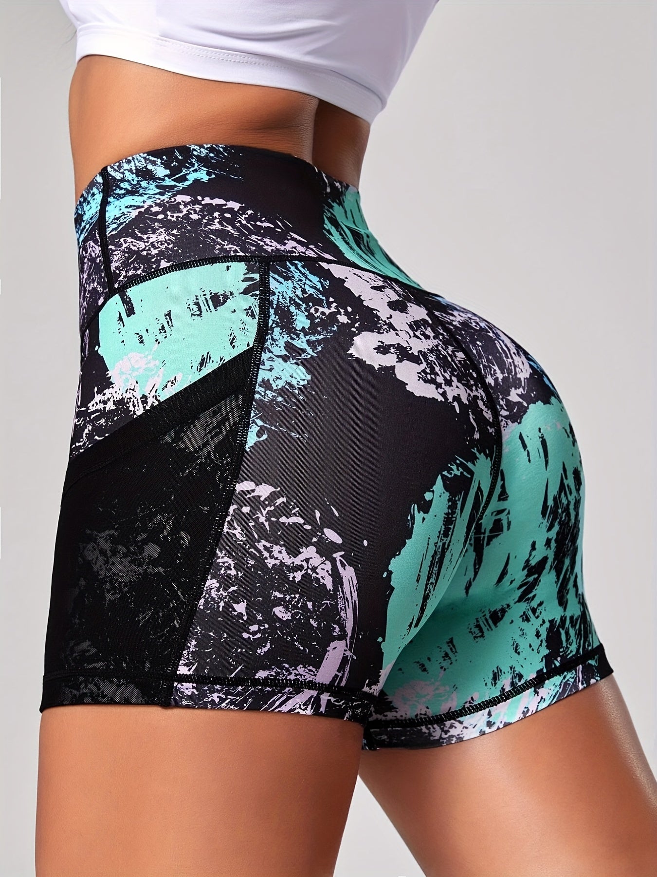 Graffiti Print Seamless Biker Shorts w/ Phone Pockets