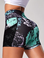Graffiti Print Seamless Biker Shorts w/ Phone Pockets