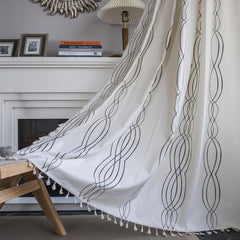 Boho Linen Striped Print Semi Blackout Cream Curtains With Beige Tassel