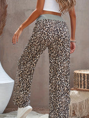 Leopard Print Drawstring Wide Leg Casual Sports Pants Comfy Loose