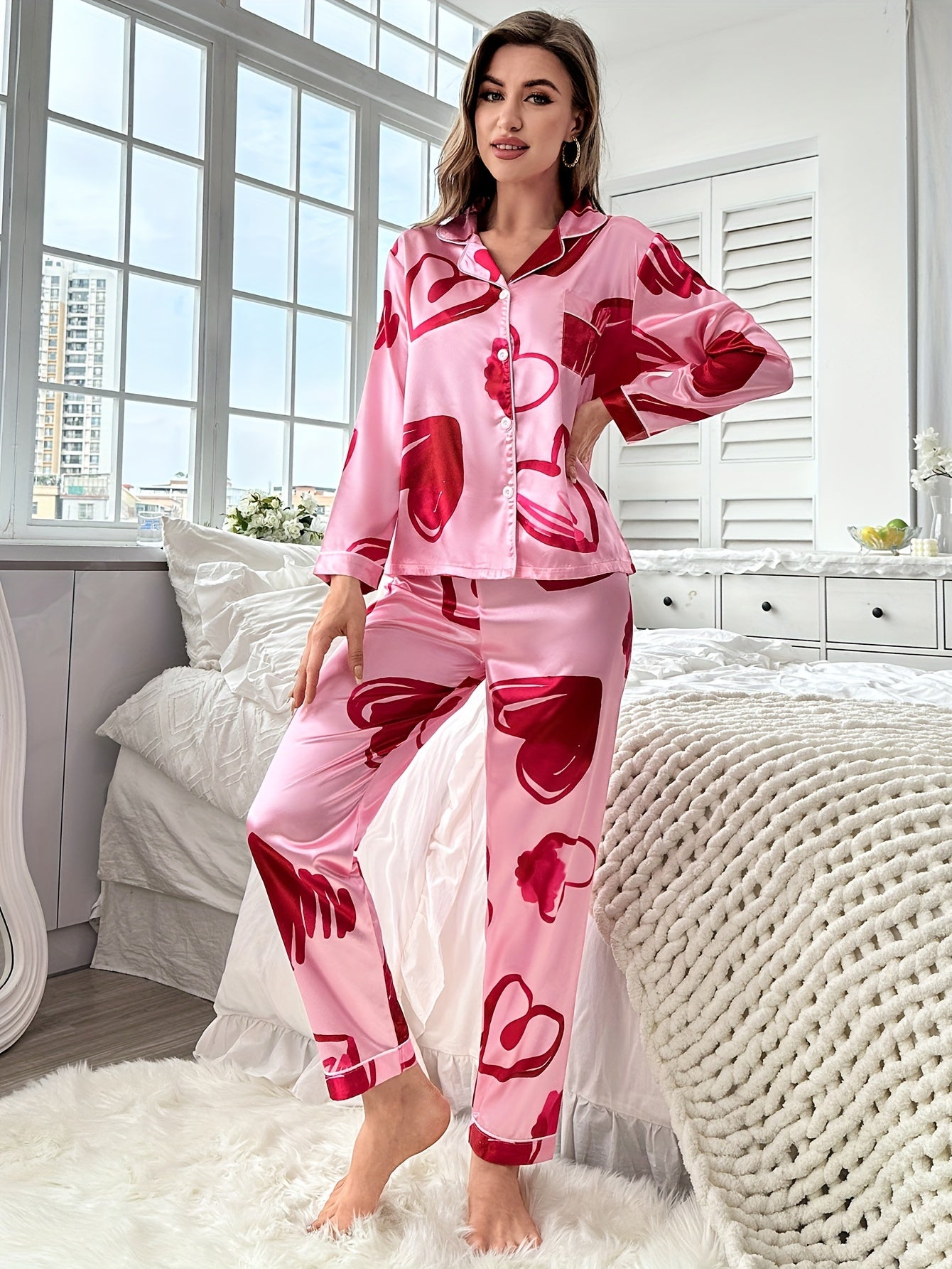 Heart Print Pajama Set Long Sleeve Buttons Top & Elastic Waistband Pants Women's