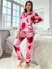 Heart Print Pajama Set Long Sleeve Buttons Top & Elastic Waistband Pants Women's
