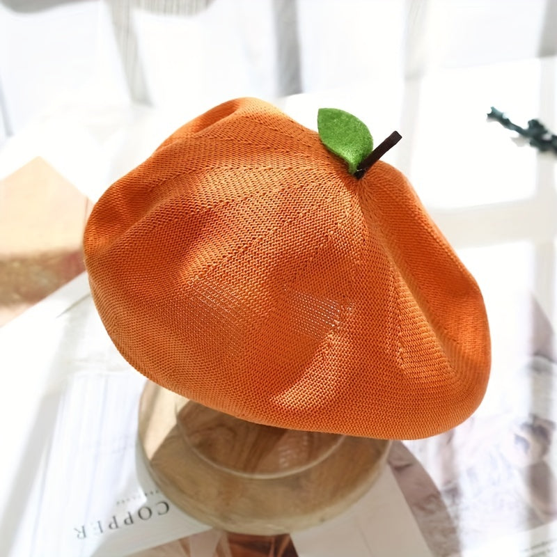 Fruit Leaf Berets Knitted Hollow Crochet Octagonal Hat for Women