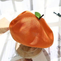 Fruit Leaf Berets Knitted Hollow Crochet Octagonal Hat for Women