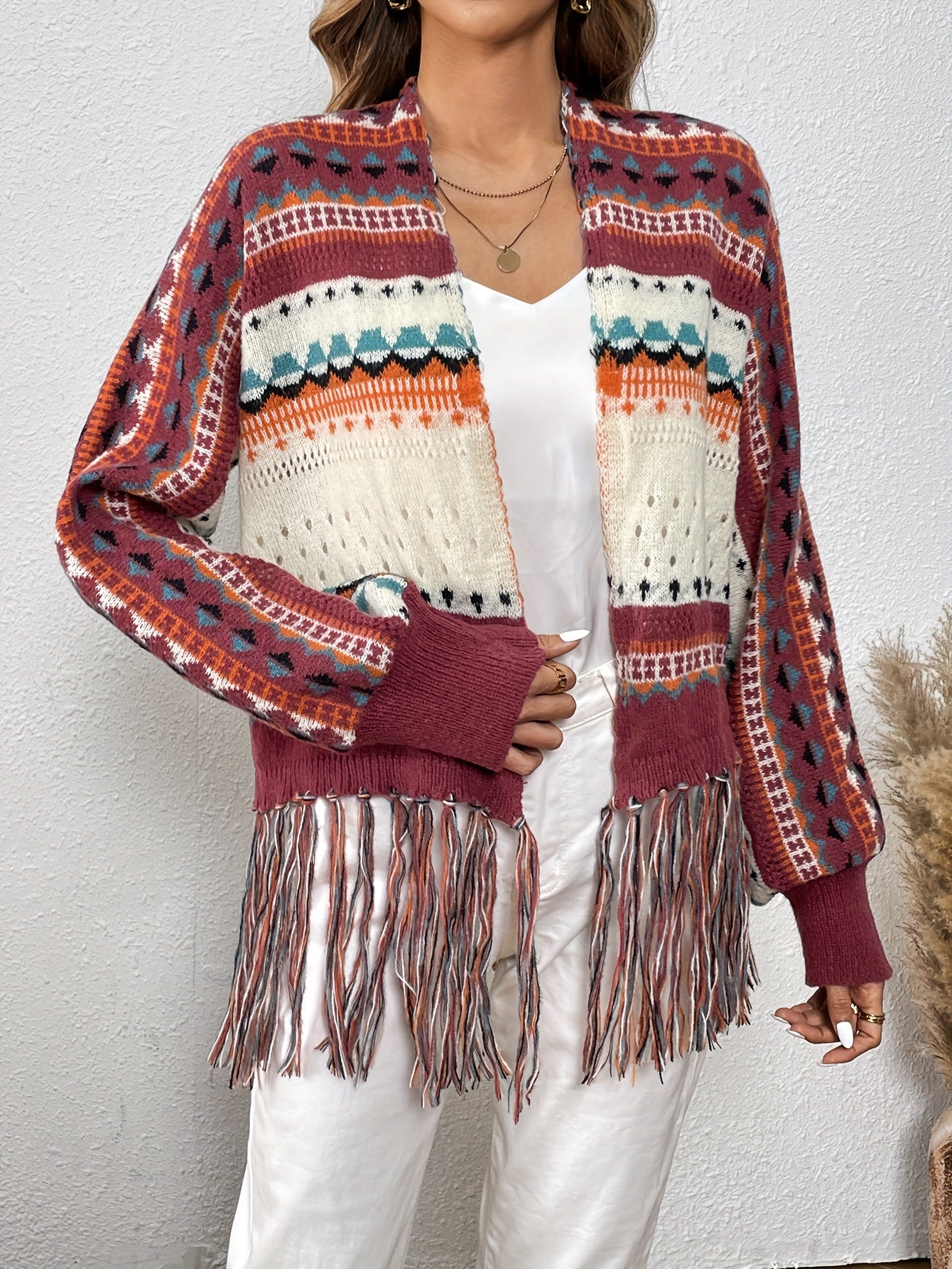 Ethnic Pattern Tassel Cardigan Vintage Open Front Cardigan