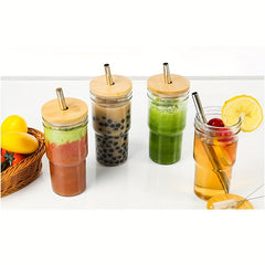 650ml Glass Tumbler w/ Bamboo Lid & Straw for Home Car Outdoor Parties