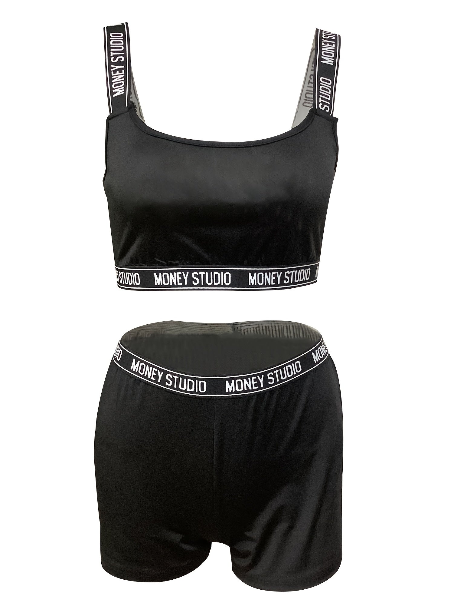 Letter Tape 2pc Set Crop Cami Top & Biker Shorts Outfits Women