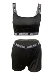 Letter Tape 2pc Set Crop Cami Top & Biker Shorts Outfits Women