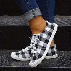 Women's Plaid Canvas Shoes Lace Up Flat Sneakers Lightweight Low Top
