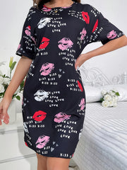 Lips & Letter Print NightDress Short Sleeve