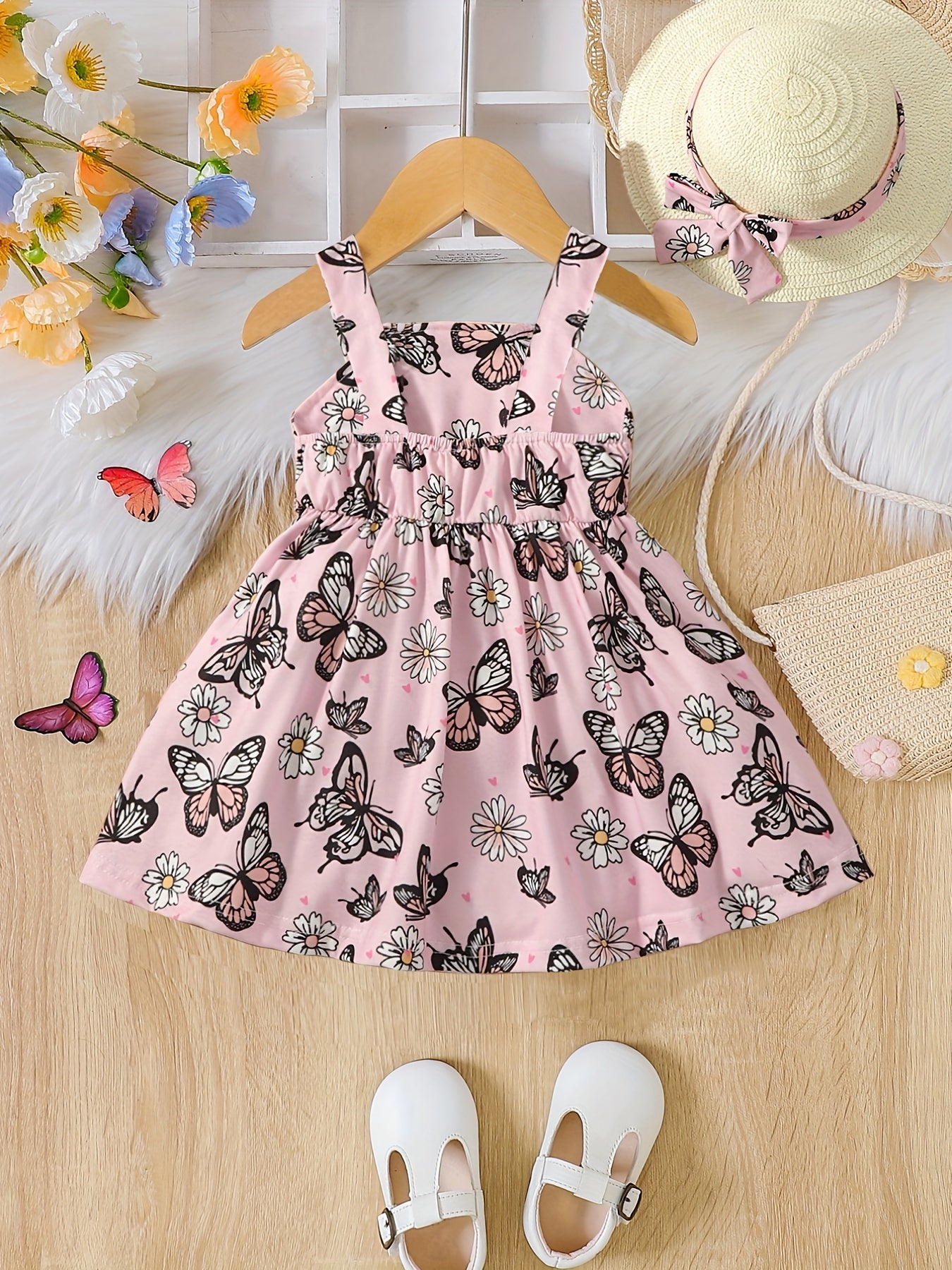 2pcs Baby Girls Butterfly Cami Dress & Hat Set for Summer
