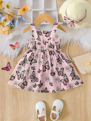 2pcs Baby Girls Butterfly Cami Dress & Hat Set for Summer