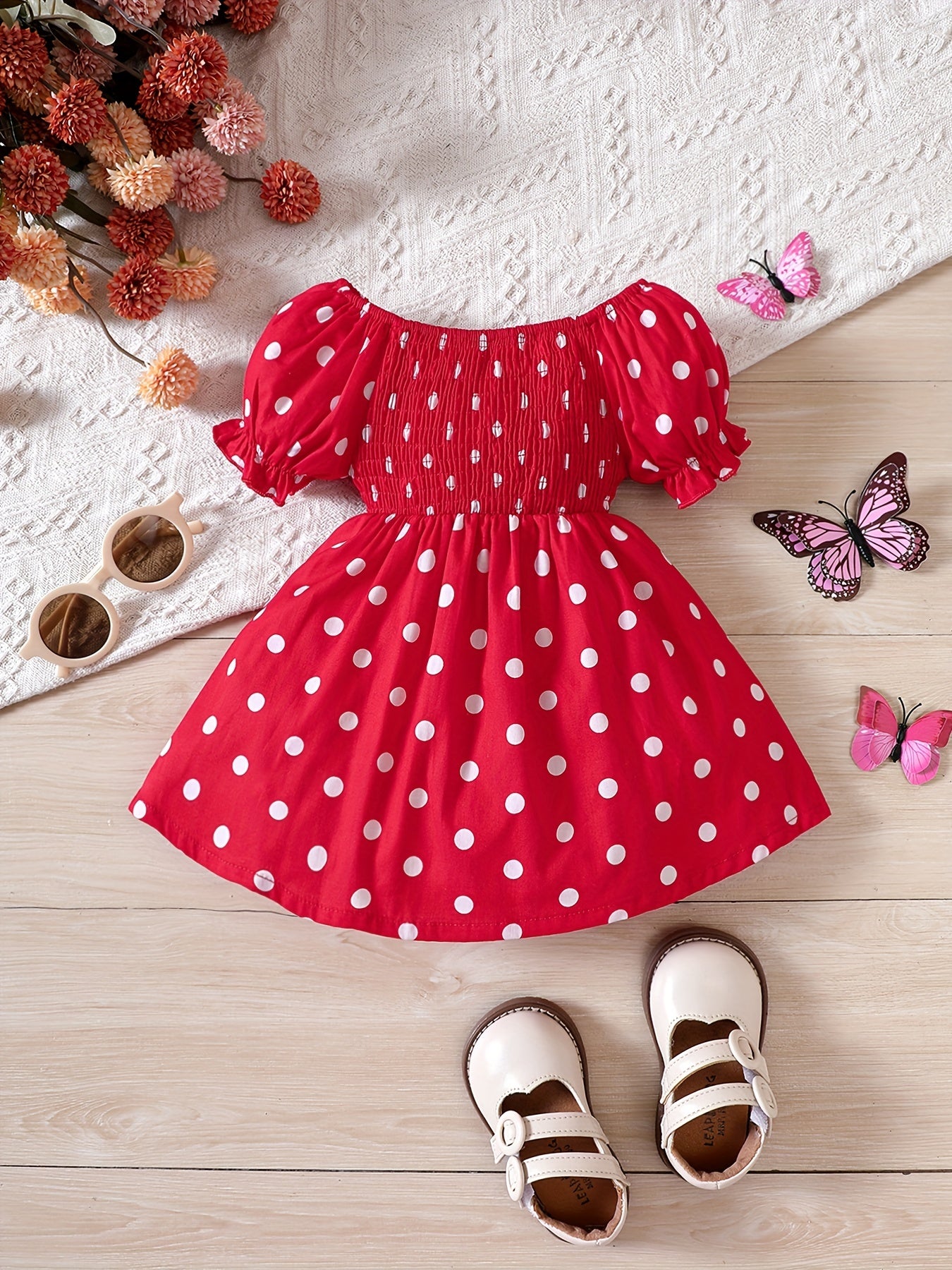 Baby Girls Butterfly Floral Print Puff Sleeve Dress for Summer