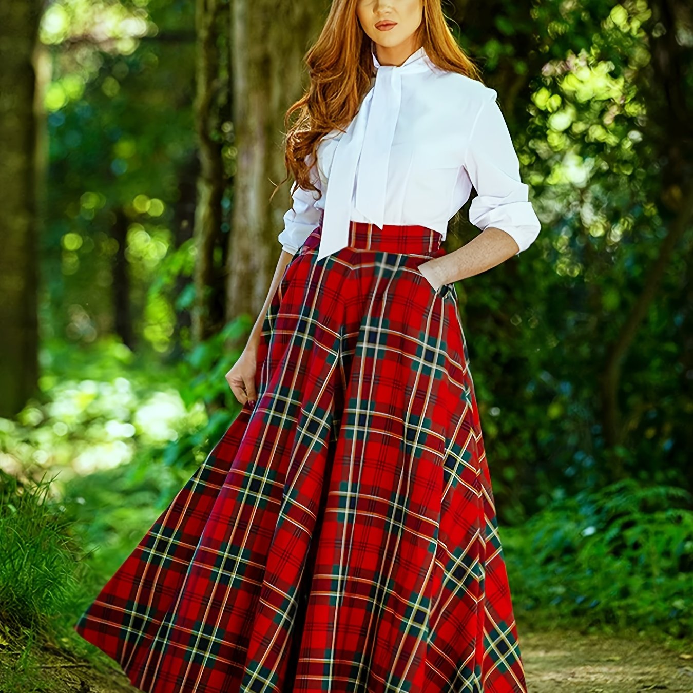Plaid Print A-line Swing Skirt with Pockets