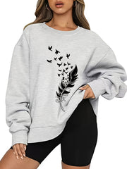 Feather Print Pullover Sweatshirt Loose Fit for Fall & Winter