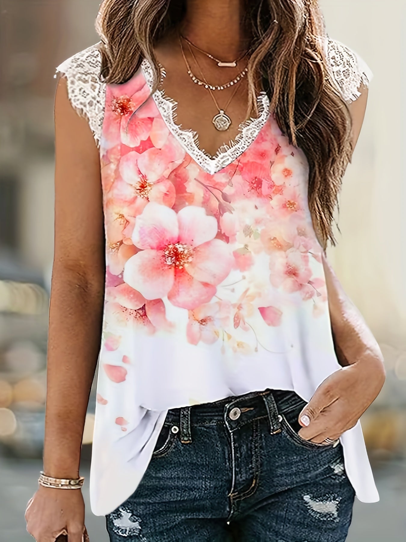 Floral Print Lace Trim V Neck Tank Top
