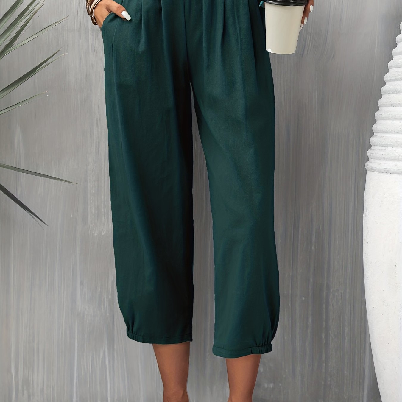 Solid Cropped Pants Casual Elastic Waist Tucked Pants