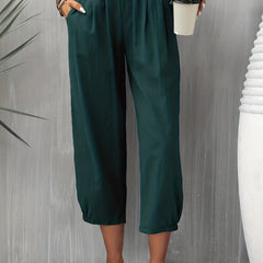 Solid Cropped Pants Casual Elastic Waist Tucked Pants