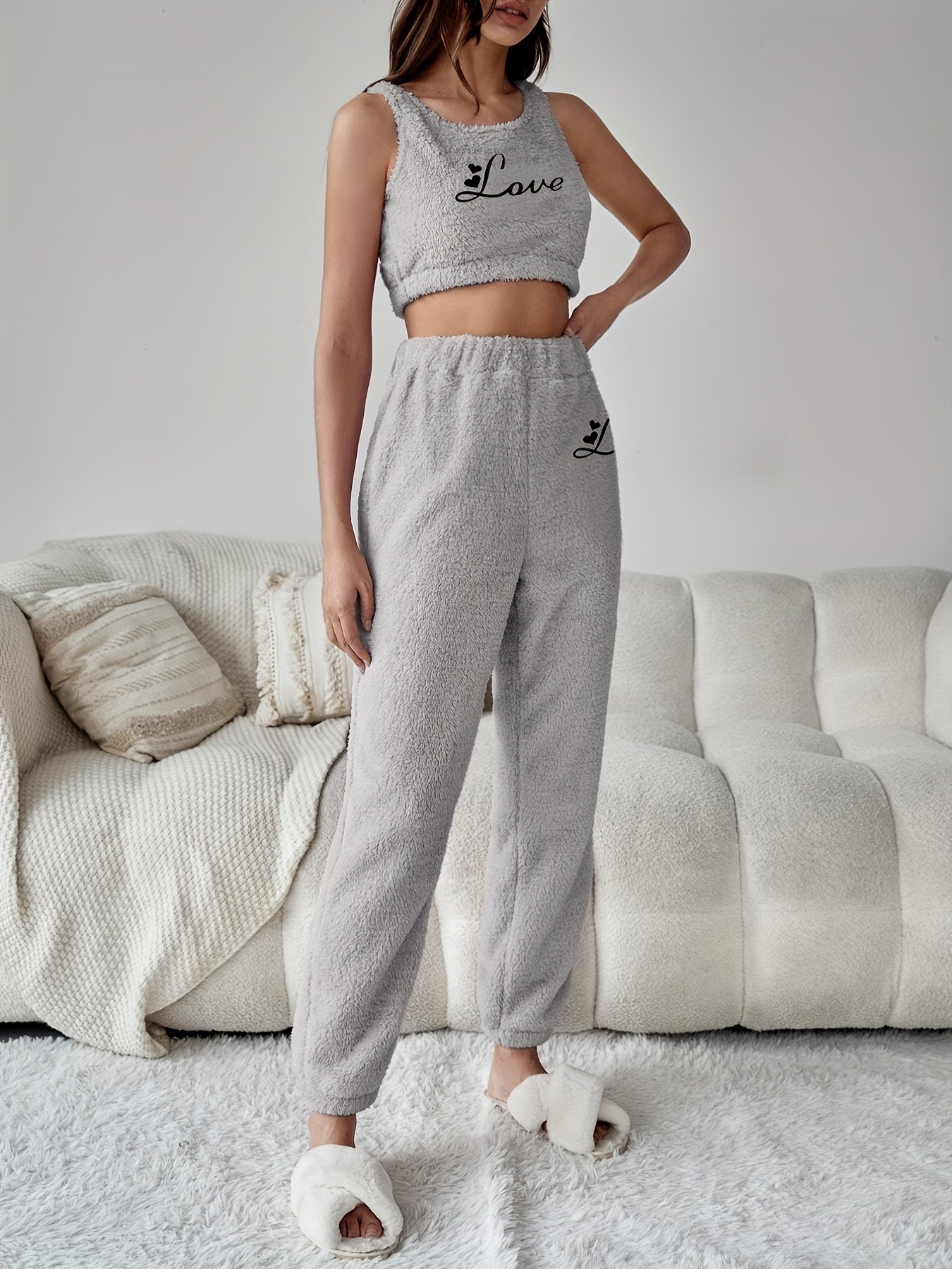 Letter Print Fuzzy Pajama Set Crew Neck Tank Top & Elastic Waistband Pants